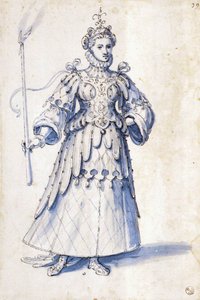 Disegno di costume di una figura femminile con torcia